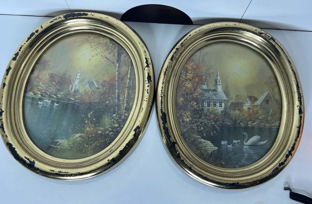 Vintage Set of 2 Syroco Oval Gold Framed Landscape Wall Art
